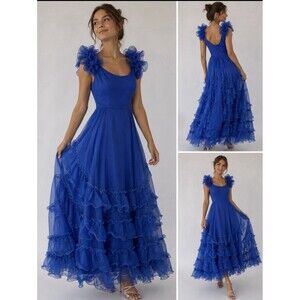 70s  Vintage ILGWU Ruffle Maxi Dress Regencycore Southern Belle Royal Blue Sz 5